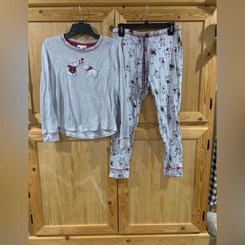 Laura Ashley Gray and Red Womens Pajama Set with Westie Terrier Design Sz S